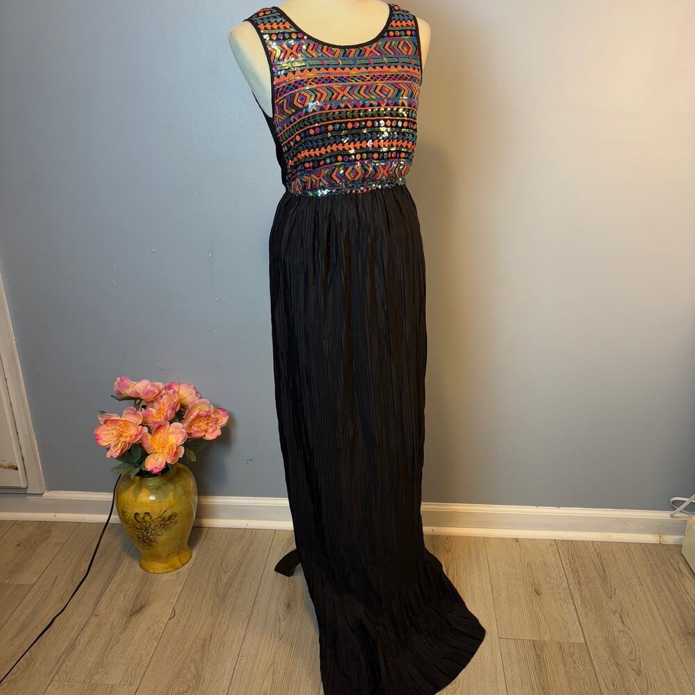 Hot & Delicious BOHO Maxi Dress Geometric Sequin Print Black Small Whimsigoth